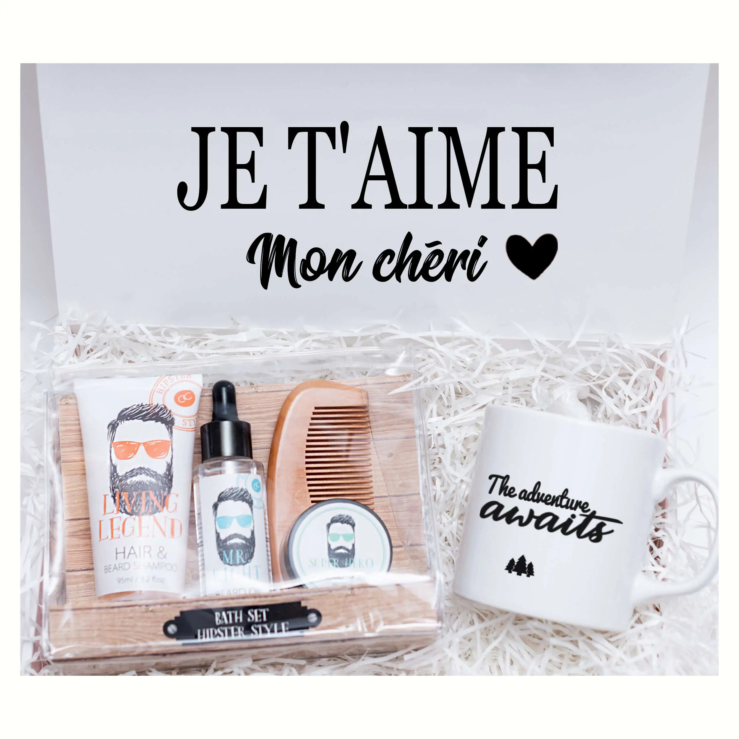Kit soin barbe : un cadeau avec des produits pour la barbe, shampooing pour les cheveux, huile pour la barbe, crème coiffante et peigne, accompagnés d’une boîte de bonbons et d’une tasse personnalisée.