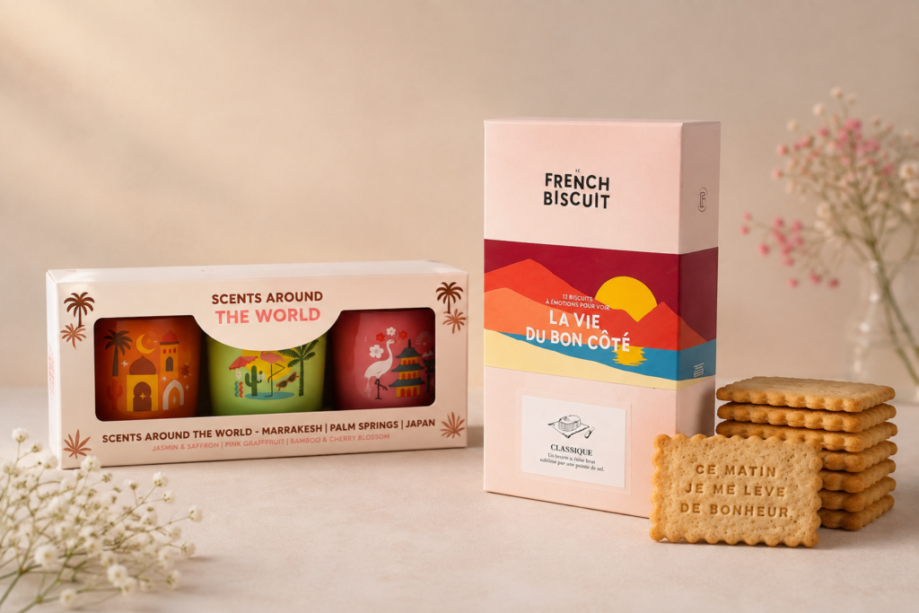Box cadeau voyage contenant un coffret de bougies parfumées du monde et une boîte de biscuits French Biscuit.