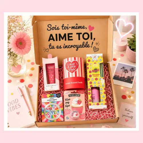 Coffret beauté ado fille comprenant crème mains, bougie, miroir de poche, baume à lèvres et diffuseur.
