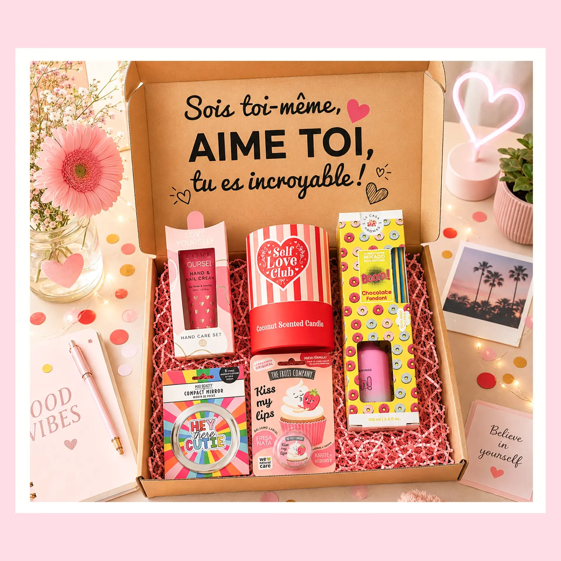 Coffret beauté ado fille comprenant crème mains, bougie, miroir de poche, baume à lèvres et diffuseur.