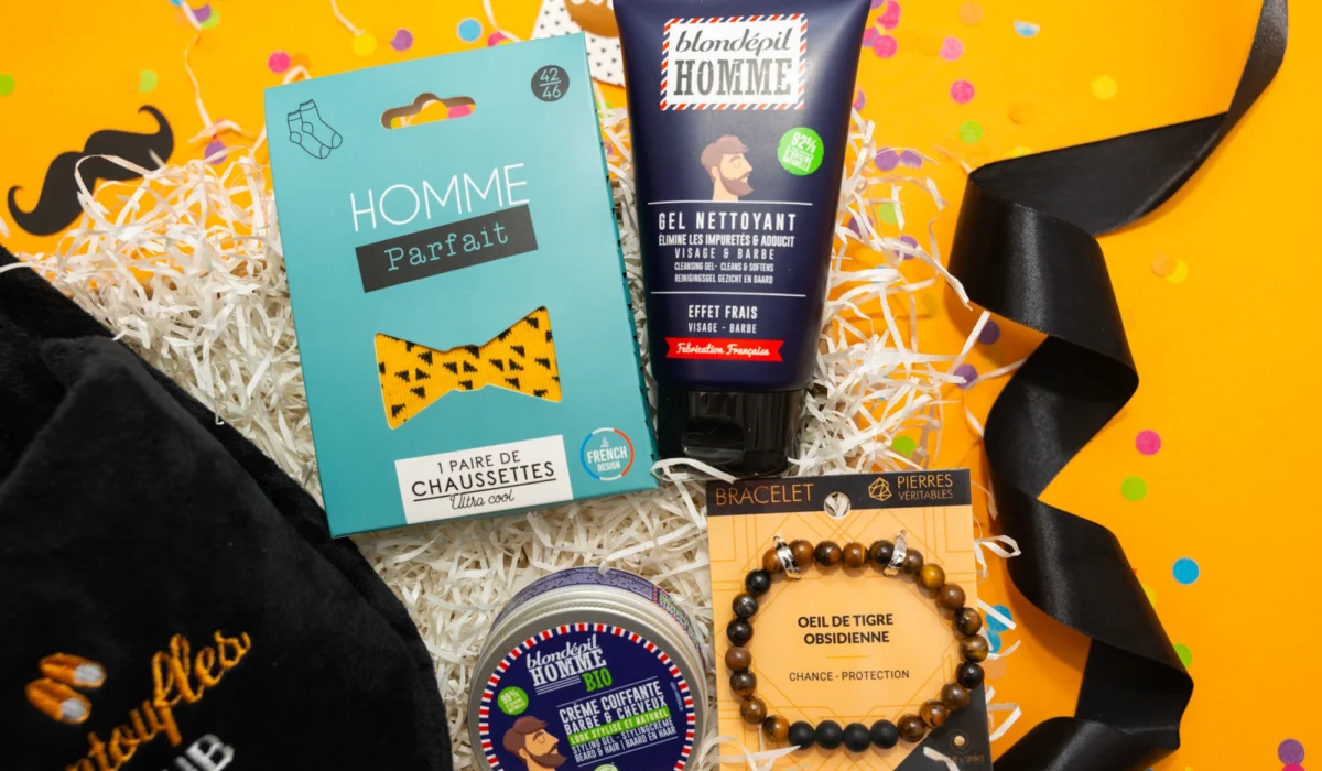 Cadeau surprise homme avec chaussettes 'Homme Parfait', gel nettoyant visage et barbe, bracelet œil de tigre, et crème coiffante pour barbe et cheveux