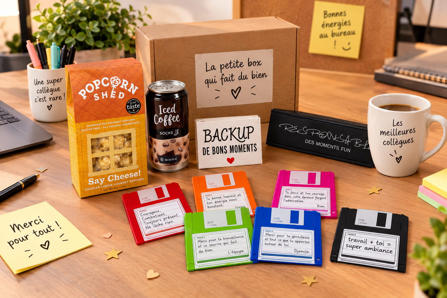 Coffret cadeau de départ collègue avec disquettes de messages personnalisés, pop-corn et tasses de bureau