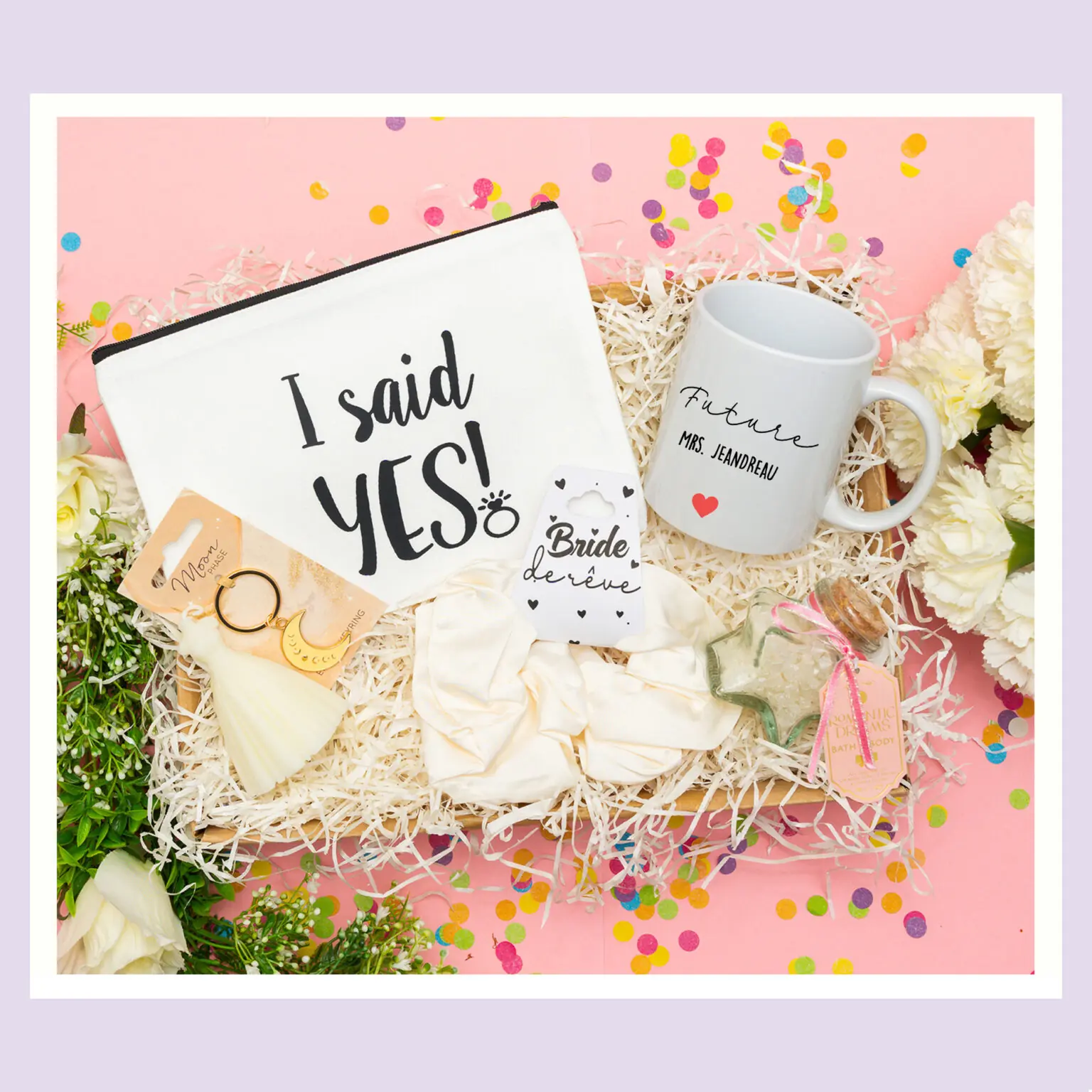 box EVJF personnalisée pour future mariée avec accessoires bride to be