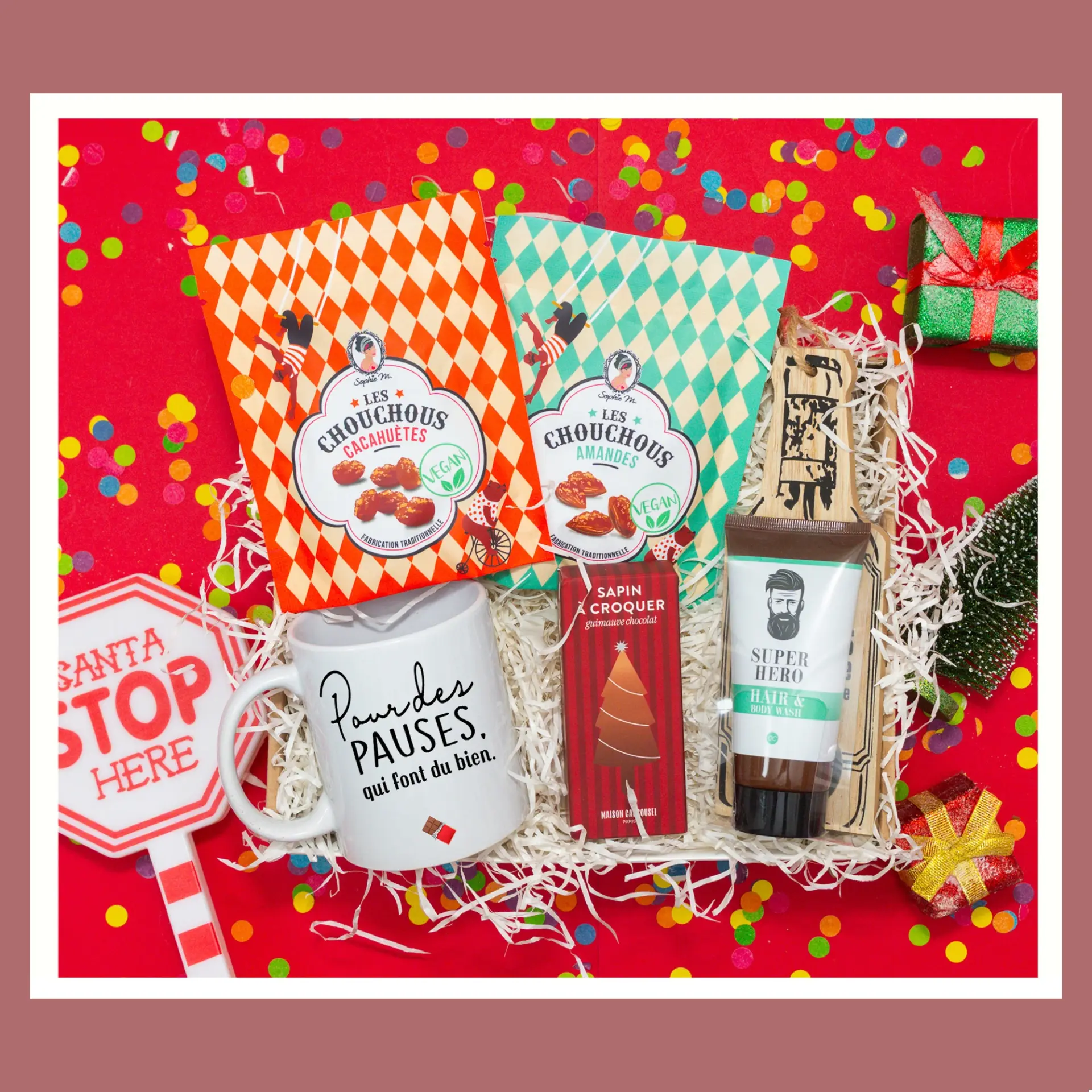 Cadeau Noël Homme gel douche homme cadeau gourmande avec cacahuète ,amandes et sapin au chocolat à croquer