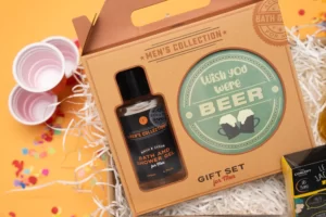 cadeaux anniversaire homme avec kit gel douche pour le corps, sous-verres spéciaux bière