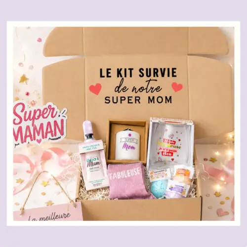 Box maman ouverte affichant le texte Le kit de survie de notre super mom avec crème mains, bougie, chaussettes et bombes cocktail.