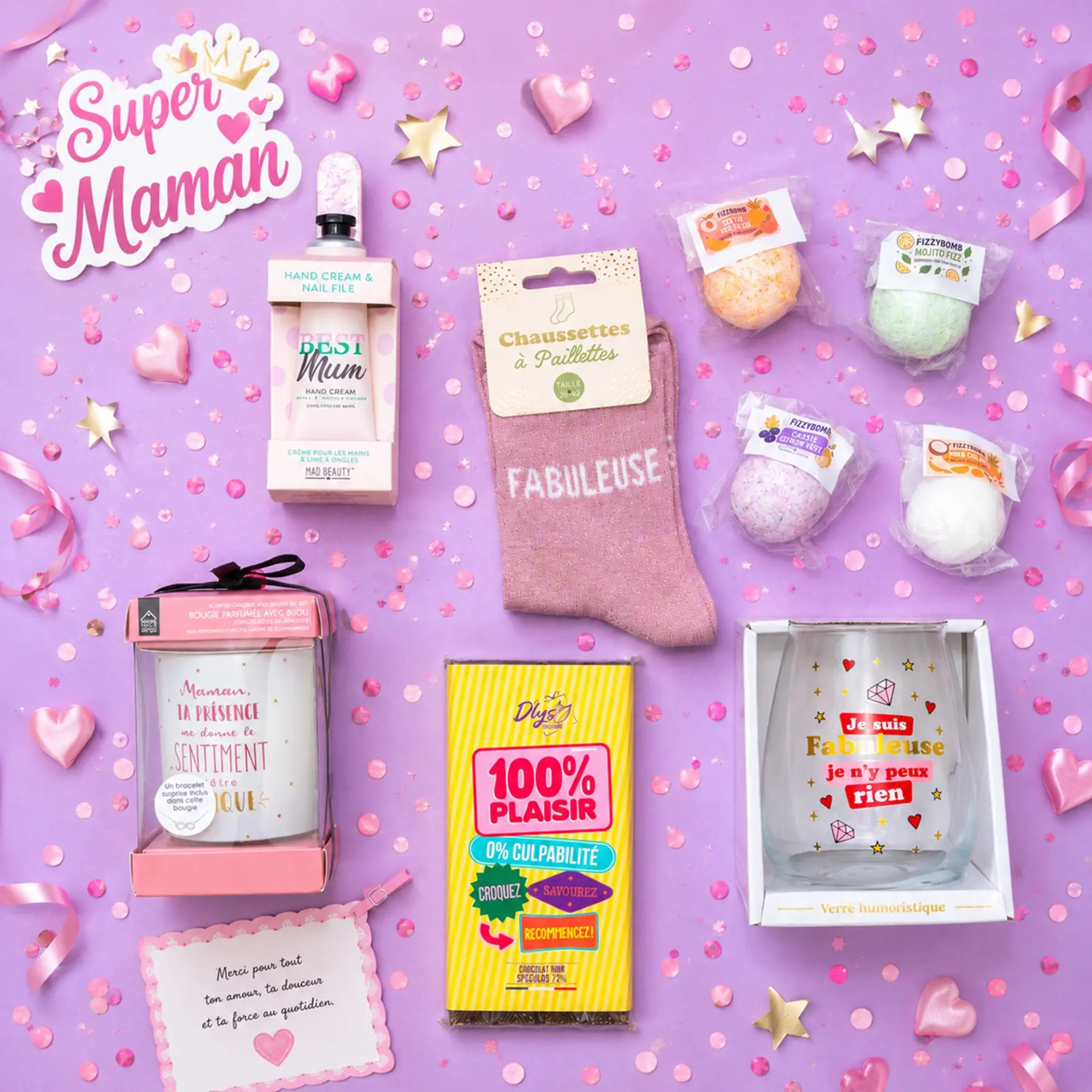 Produits du coffret cadeau fête des mères disposés à plat avec une tablette de chocolat 100% plaisir et un verre humoristique.