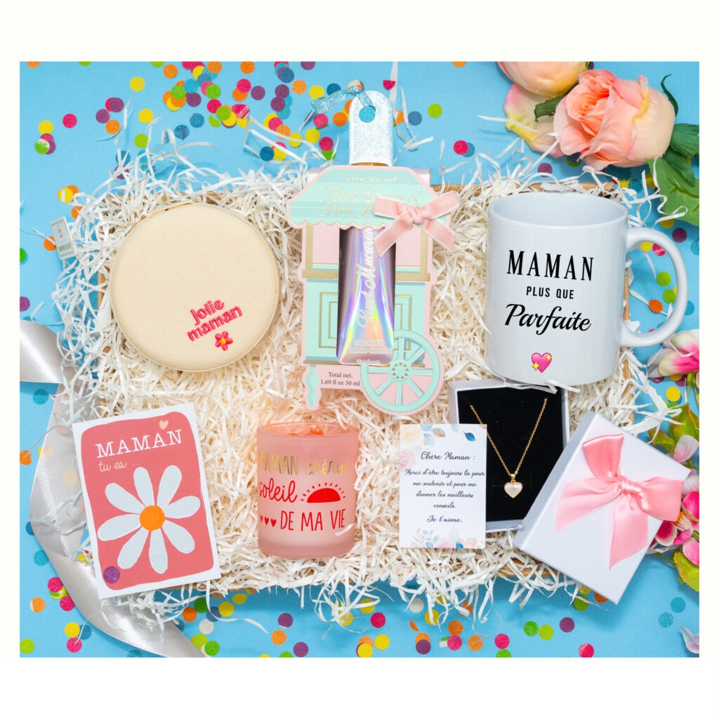 Coffret cadeau original pour maman comprenant une crème carrosse princesse, un bijou en forme de cœur ou ‘Mom’, une bougie personnalisée, une carte à gratter avec un message spécial et une boîte personnalisée pour ranger ses bijoux