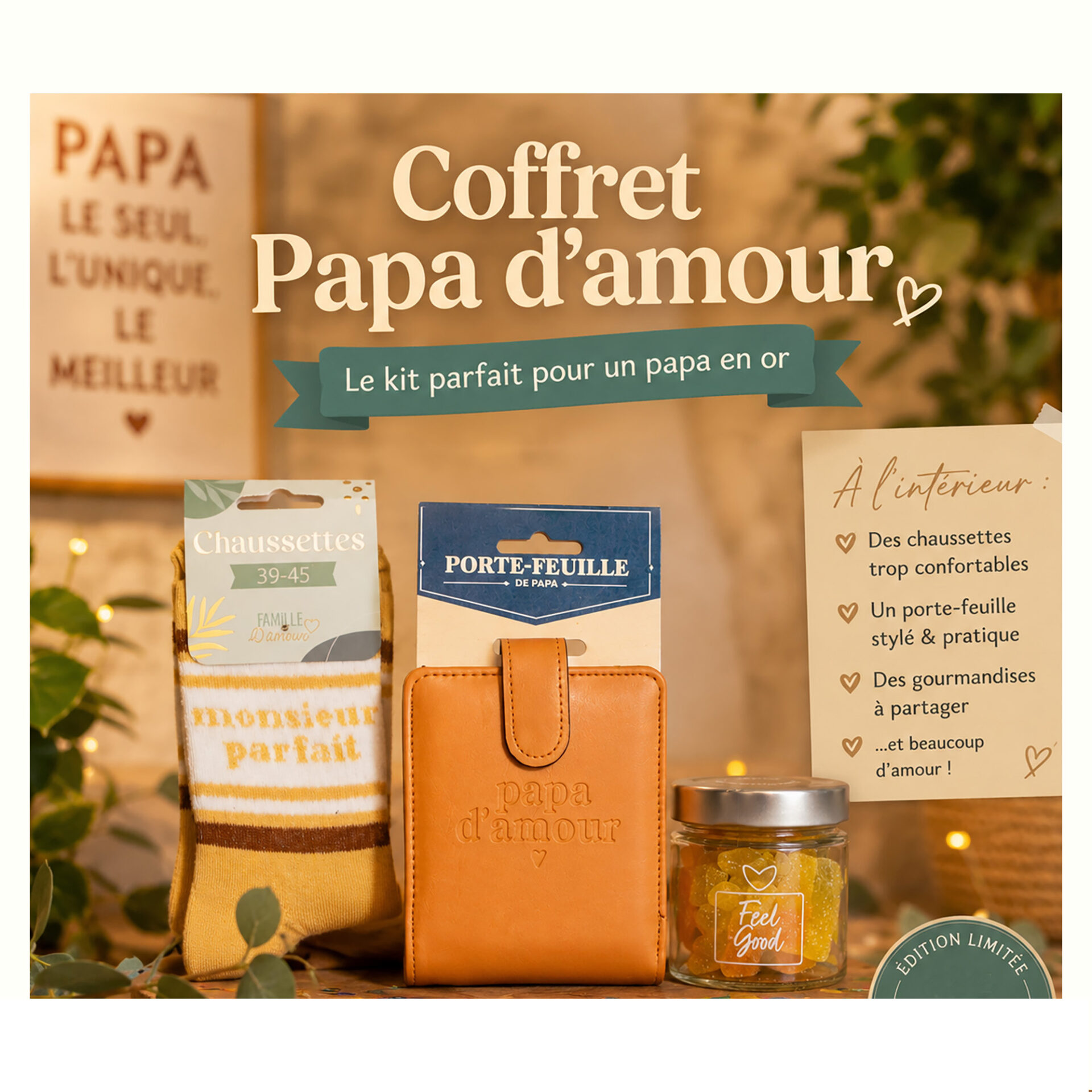 Coffret en carton kraft ouvert révélant l'inscription "Pour un papa incroyable" avec son assortiment de chocolat, chaussettes et petite carte attentionnée.