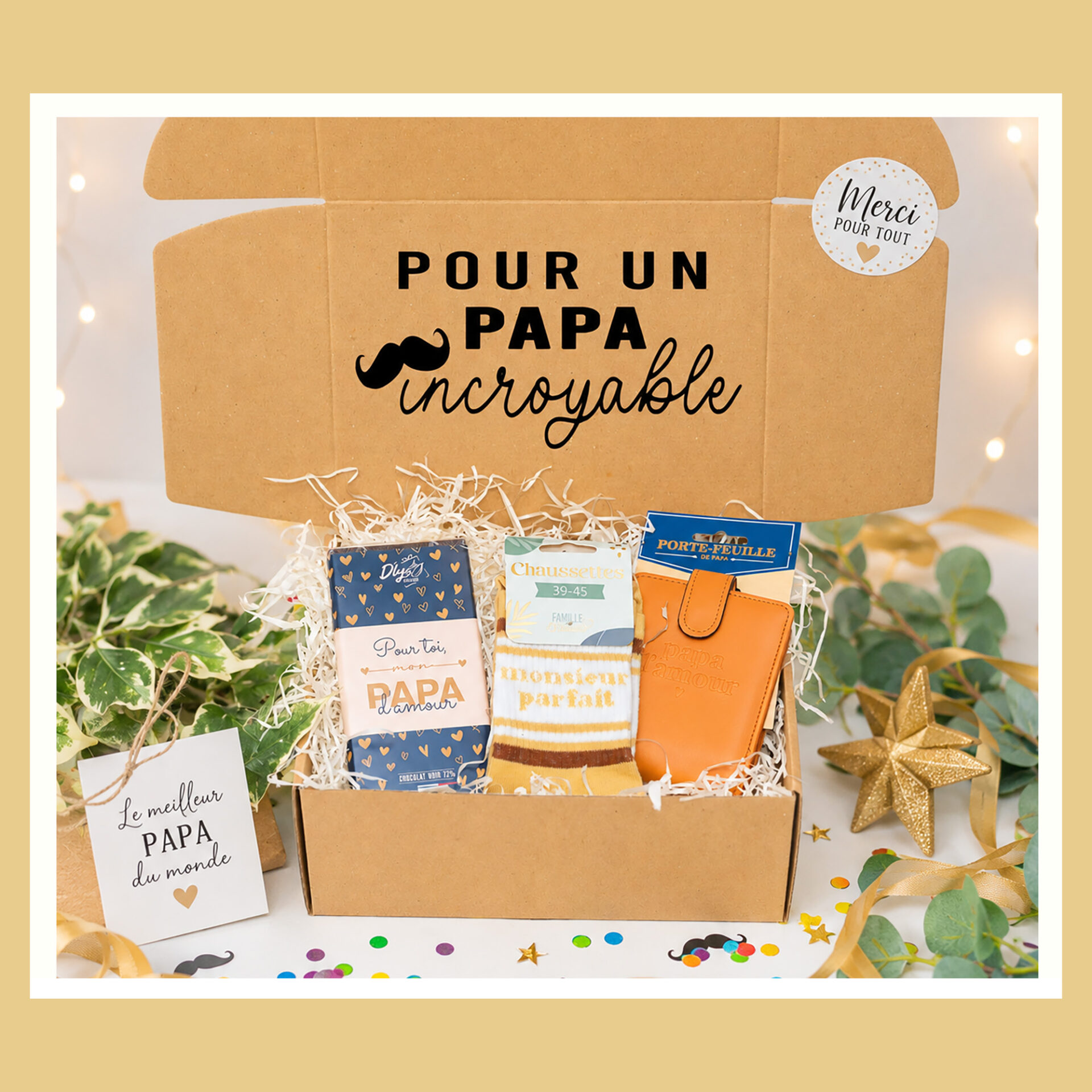 Gros plan sur un portefeuille en similicuir marron gravé "papa d'amour" et une paire de chaussettes "monsieur parfait" dans leur écrin festif de confettis.