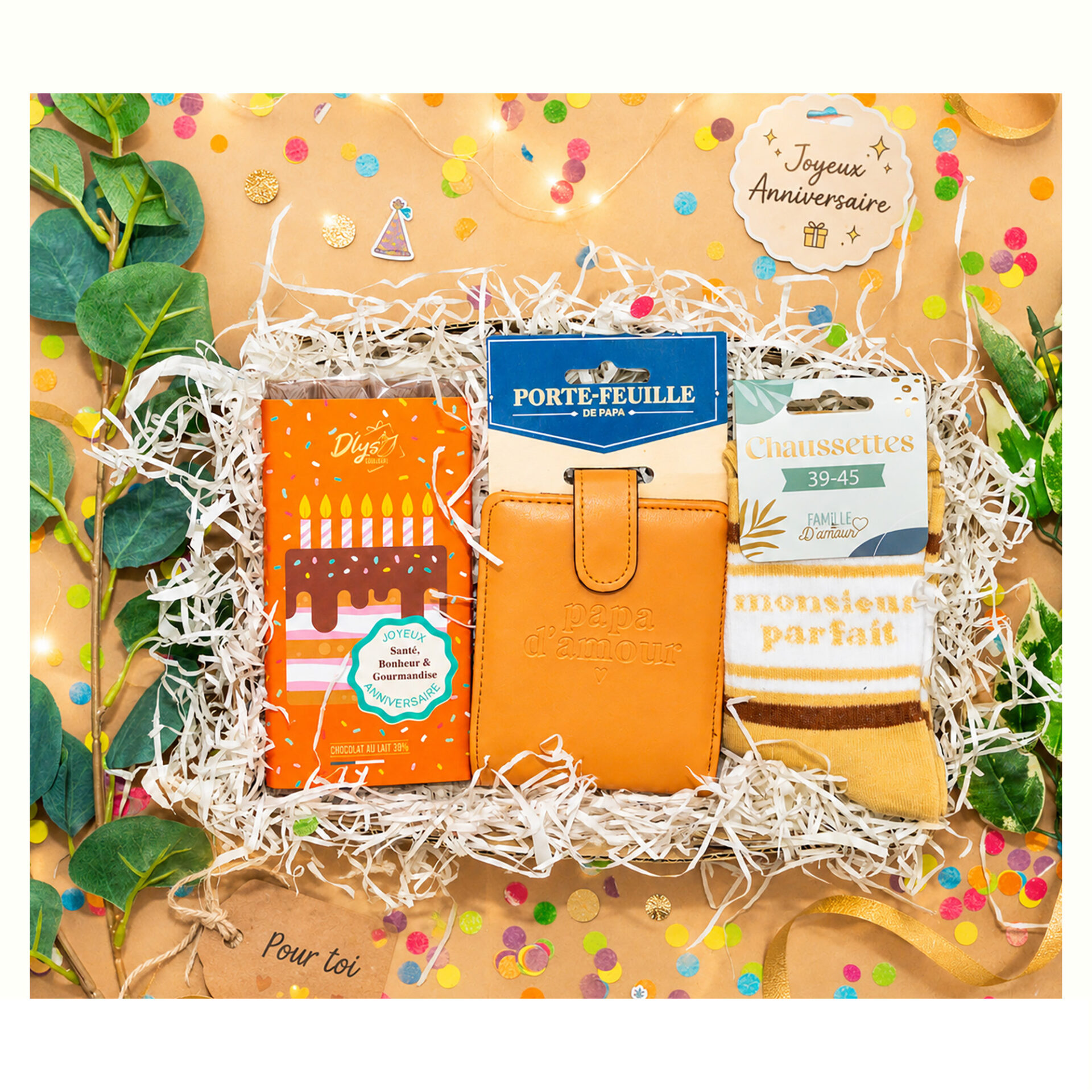Visuel de présentation du Coffret Papa d'amour détaillant le contenu avec des chaussettes confortables, un portefeuille stylé et des gourmandises.