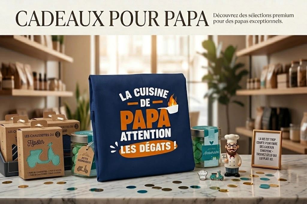 Publicité Instagram style lifestyle présentant un tablier bleu "La cuisine de Papa", une boîte de chaussettes vertes "du Hipster" avec un motif de scooter, et un bocal de bonbons "Joyeux Anniversaire" sur un comptoir en marbre parsemé de confettis, dans une boutique chic en arrière-plan
