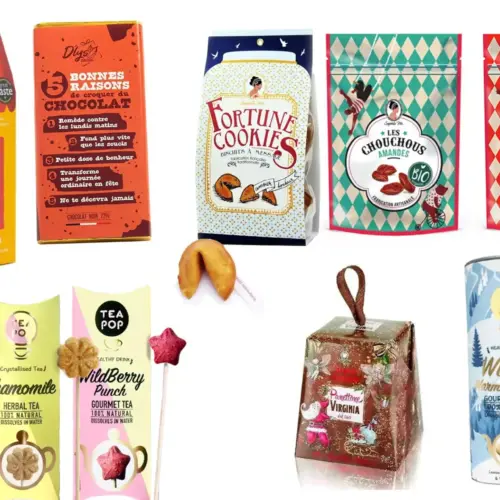 Choix des gourmandises pour la box cadeau : tablette de chocolat, pop-corn, cookies, gâteau, thé