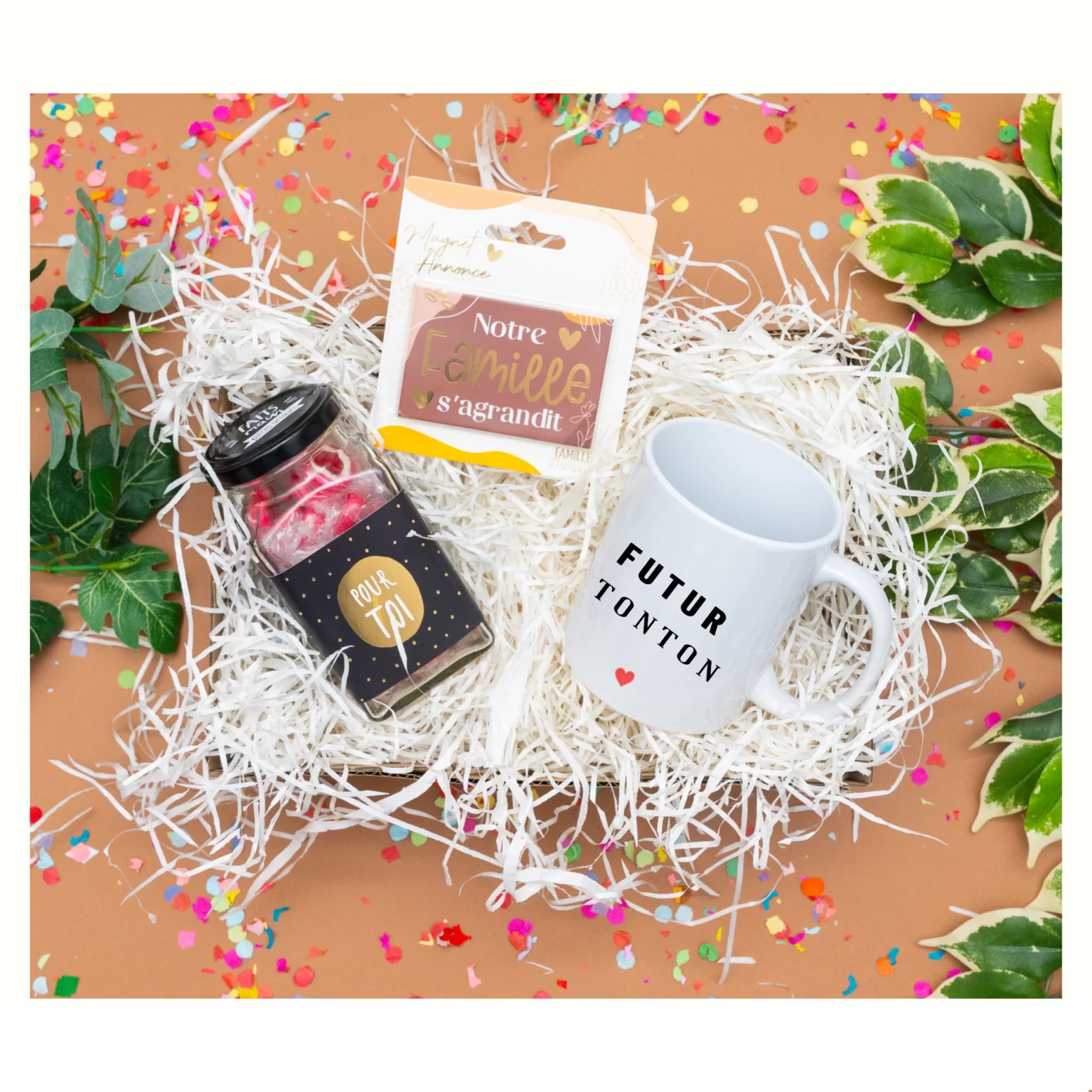 Idée cadeau annonce grossesse avec bonbons bonbons-big-bisous, magnet, mug tonton et body tata