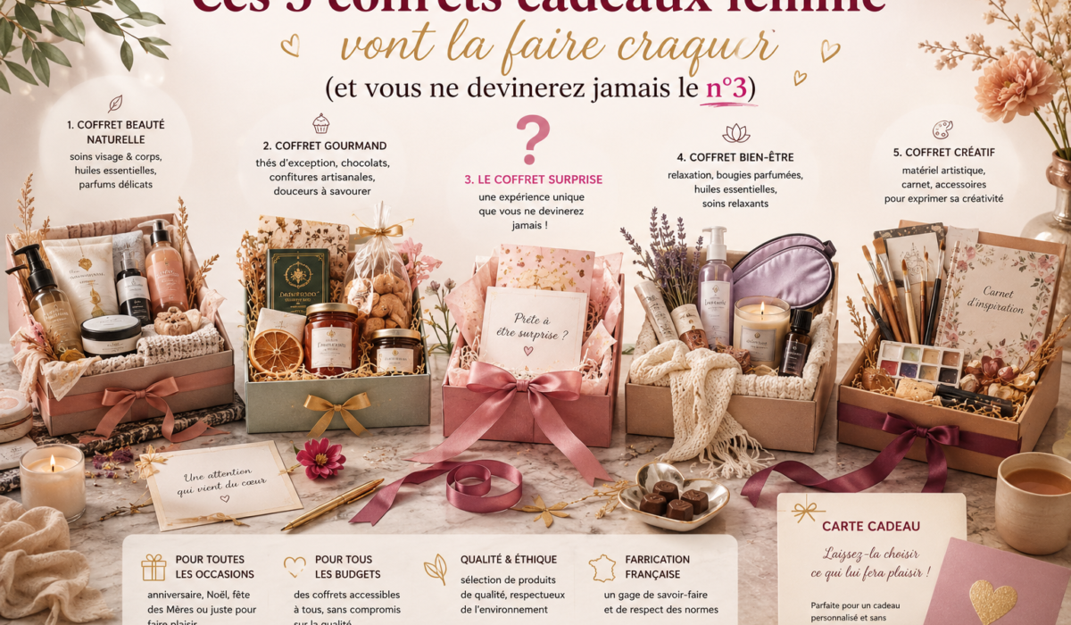 Cinq coffrets cadeaux pour femme avec des idées beauté naturelle, gourmandes, bien-être, surprise et créatives