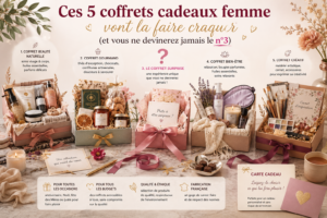 Cinq coffrets cadeaux pour femme avec des idées beauté naturelle, gourmandes, bien-être, surprise et créatives