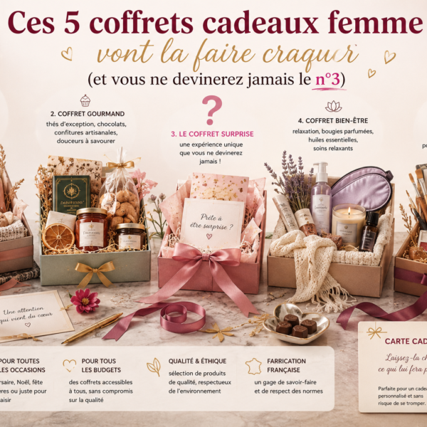 Cinq coffrets cadeaux pour femme avec des idées beauté naturelle, gourmandes, bien-être, surprise et créatives
