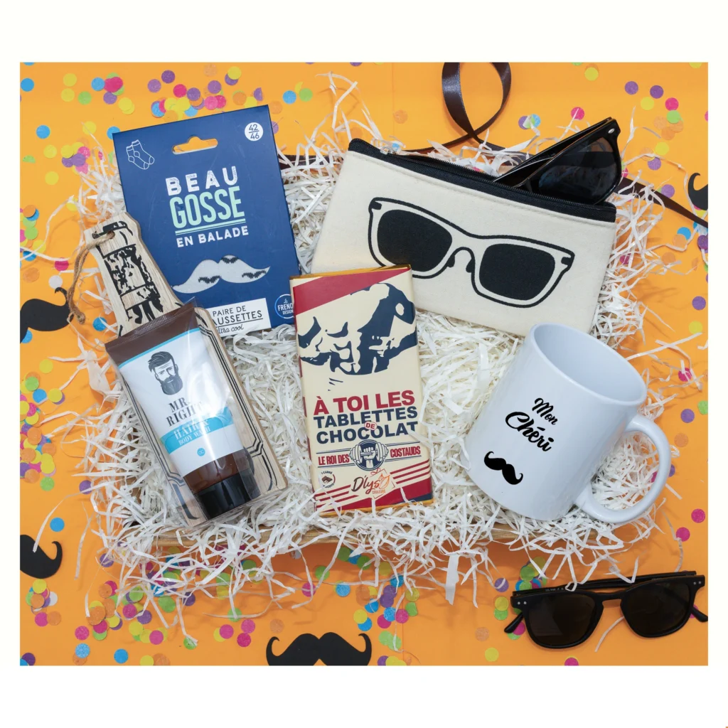 catalogue de coffret cadeau homme, remplie d'accessoire pour homme, confiserie, et plus de produits personnalisables