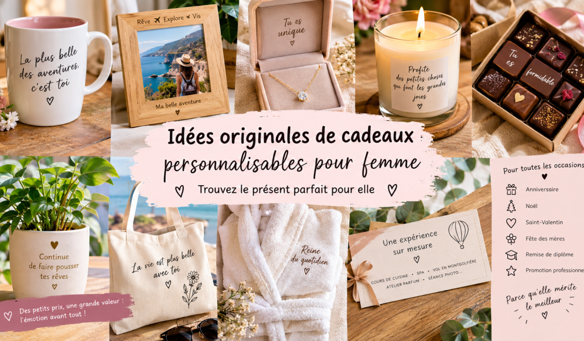 Cadeau femme pas cher et personnalisable avec mug, cadre photo, bijou, bougie, chocolats, plante et accessoires.