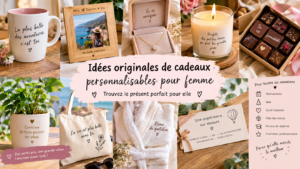 Cadeau femme pas cher et personnalisable avec mug, cadre photo, bijou, bougie, chocolats, plante et accessoires.