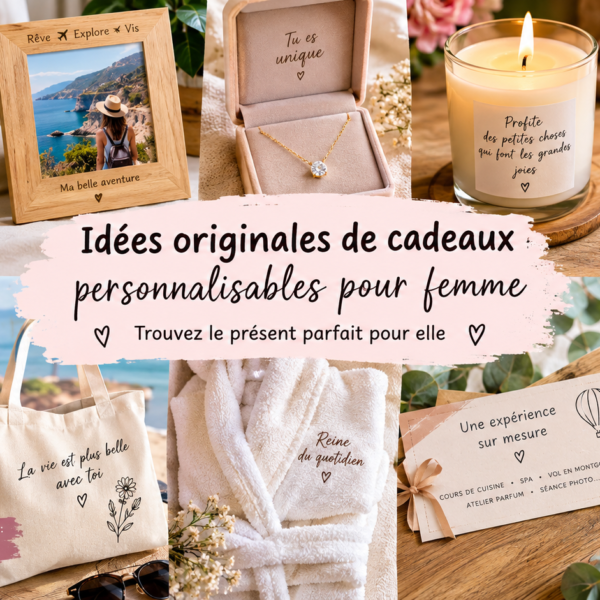 Cadeau femme pas cher et personnalisable avec mug, cadre photo, bijou, bougie, chocolats, plante et accessoires.
