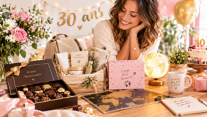 Femme célébrant ses 30 ans entourée de coffrets cadeaux, chocolats, soins naturels et décorations d’anniversaire.