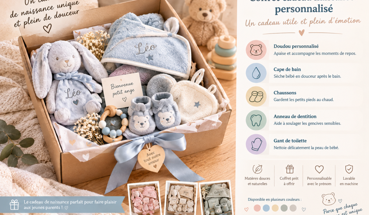 Cadeau de naissance original et utile avec doudou, cape de bain, chaussons et anneau de dentition