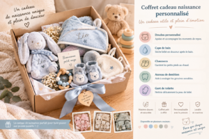 Cadeau de naissance original et utile avec doudou, cape de bain, chaussons et anneau de dentition