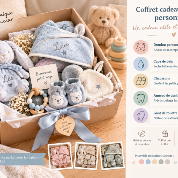 Cadeau de naissance original et utile avec doudou, cape de bain, chaussons et anneau de dentition