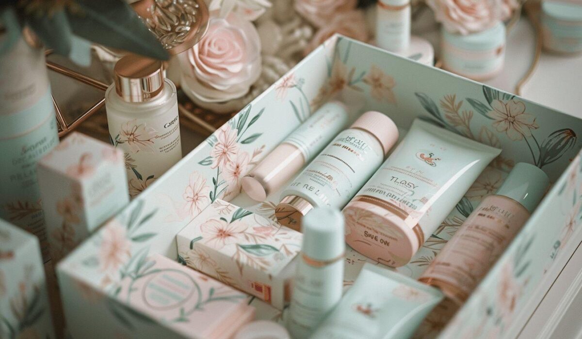 Arrangement de produits de beauté avec des fleurs et des motifs floraux