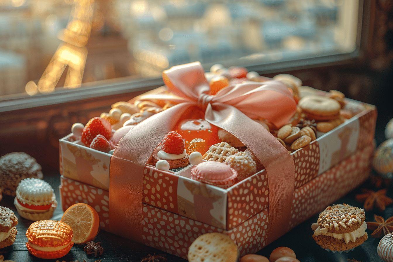 Boîte de pâtisseries décorées entourée de fruits et d'épices