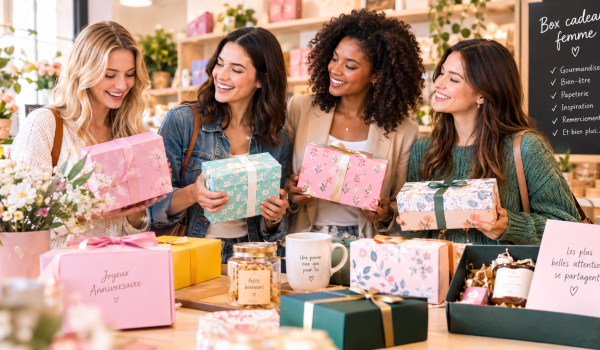 Quatre femmes souriantes découvrant des coffrets cadeaux personnalisés et des accessoires bien-être dans une boutique.