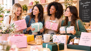 Quatre femmes souriantes découvrant des coffrets cadeaux personnalisés et des accessoires bien-être dans une boutique.