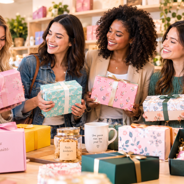 Quatre femmes souriantes découvrant des coffrets cadeaux personnalisés et des accessoires bien-être dans une boutique.