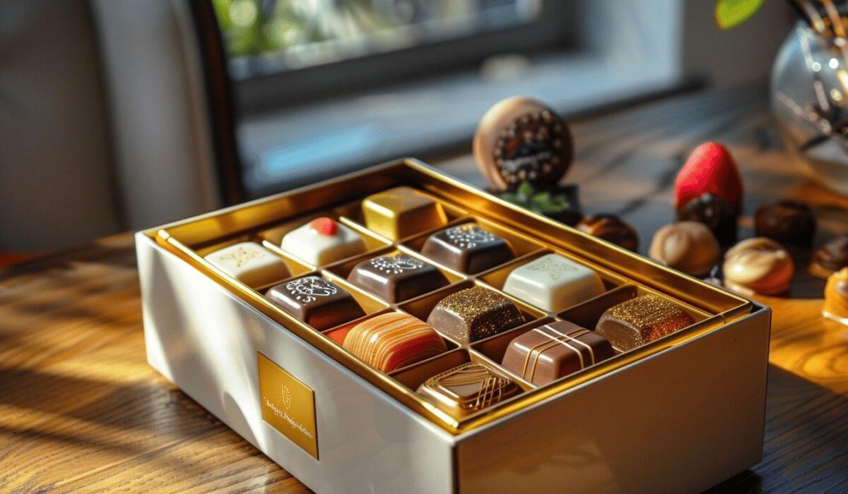 Une boîte dorée remplie de délicieux chocolats artisanaux