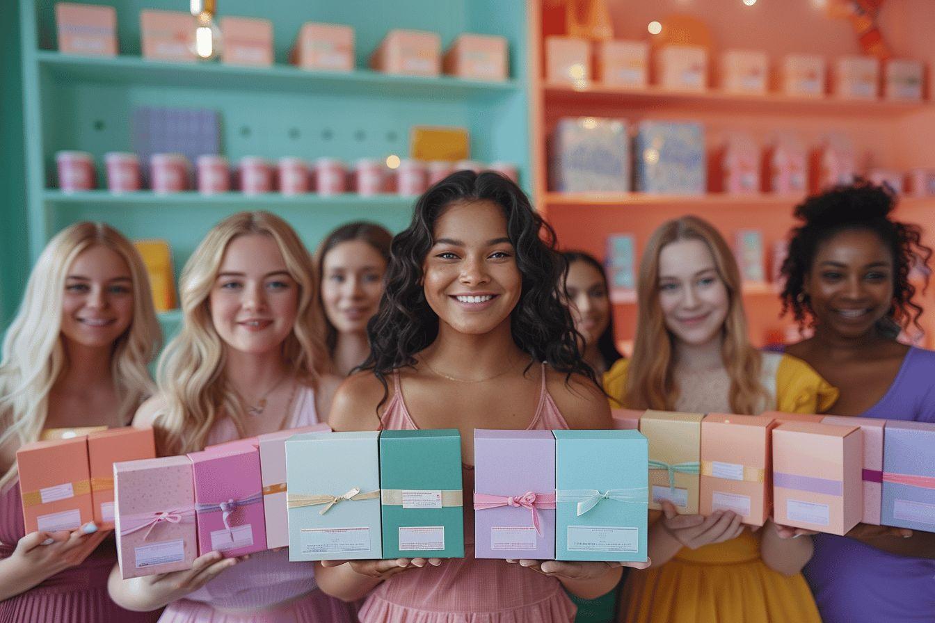 Groupe de jeunes femmes souriantes tenant des colis colorés dans un magasin