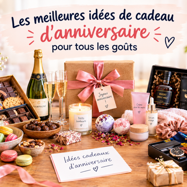Idées de cadeaux d’anniversaire variées présentées sur une table avec coffret gourmand, champagne, bougie, soins beauté et accessoires.