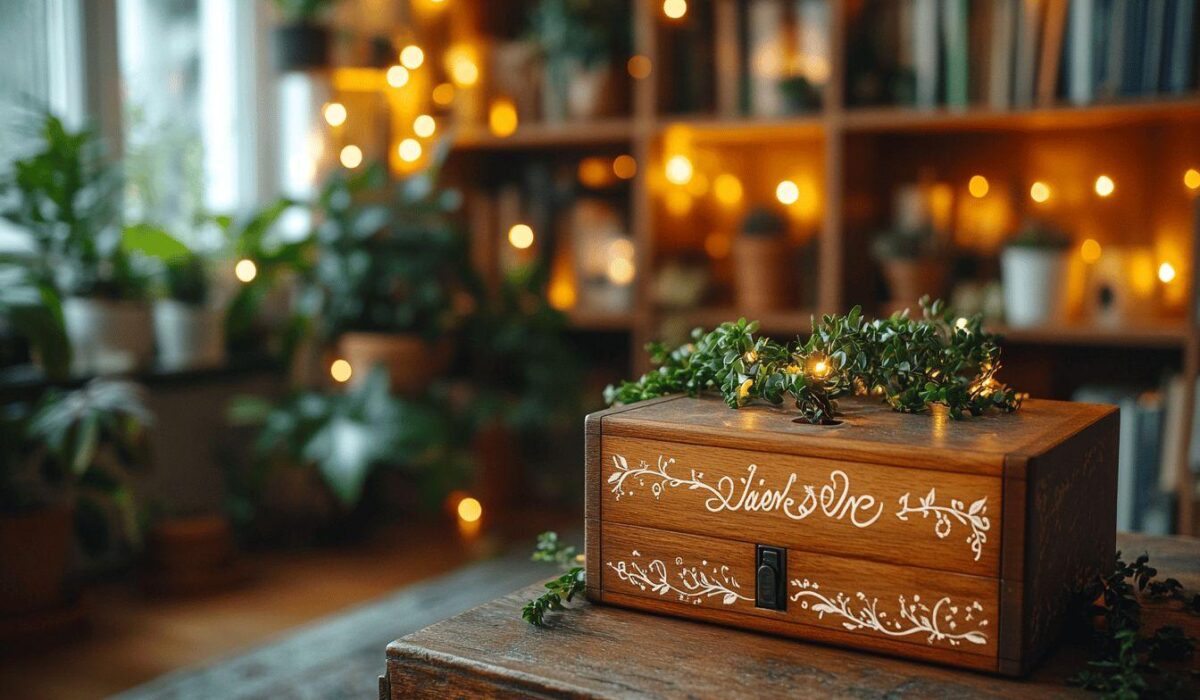 Boîte en bois avec motifs floraux et plantes vertes éclairées