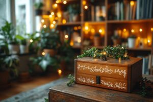 Boîte en bois avec motifs floraux et plantes vertes éclairées
