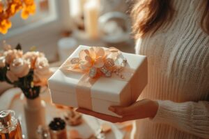 Boîte cadeau blanche décorée d'un ruban et d'une fleur