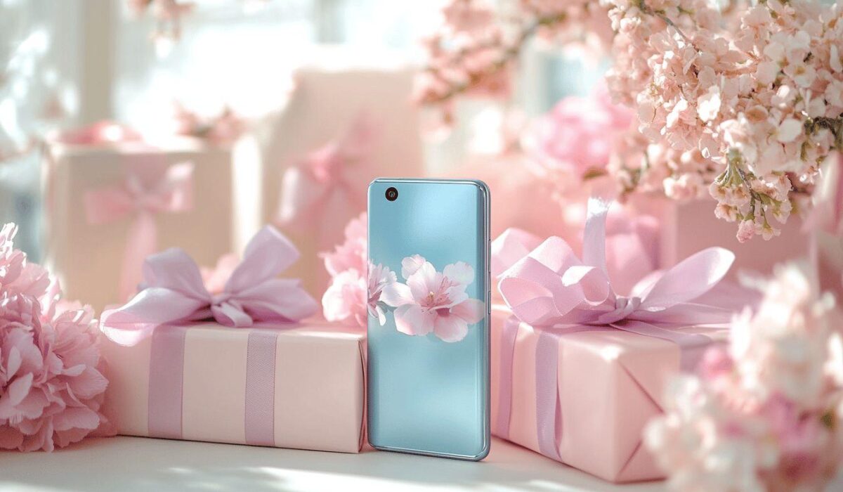 Boîtes cadeaux roses avec ruban et smartphone à côté de fleurs