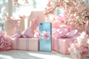 Boîtes cadeaux roses avec ruban et smartphone à côté de fleurs