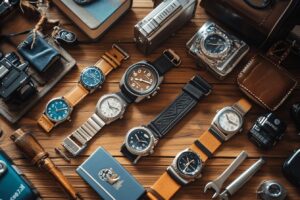 Diverses montres mécaniques avec bracelets et outils sur bois