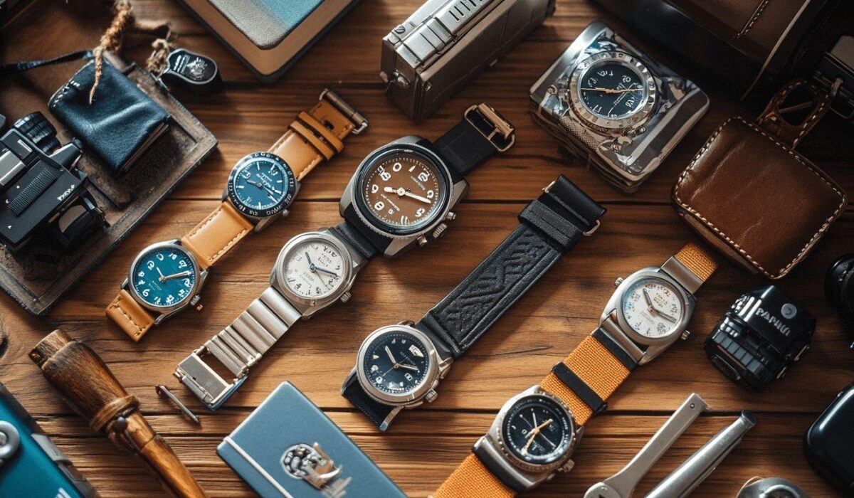 Diverses montres mécaniques avec bracelets et outils sur bois