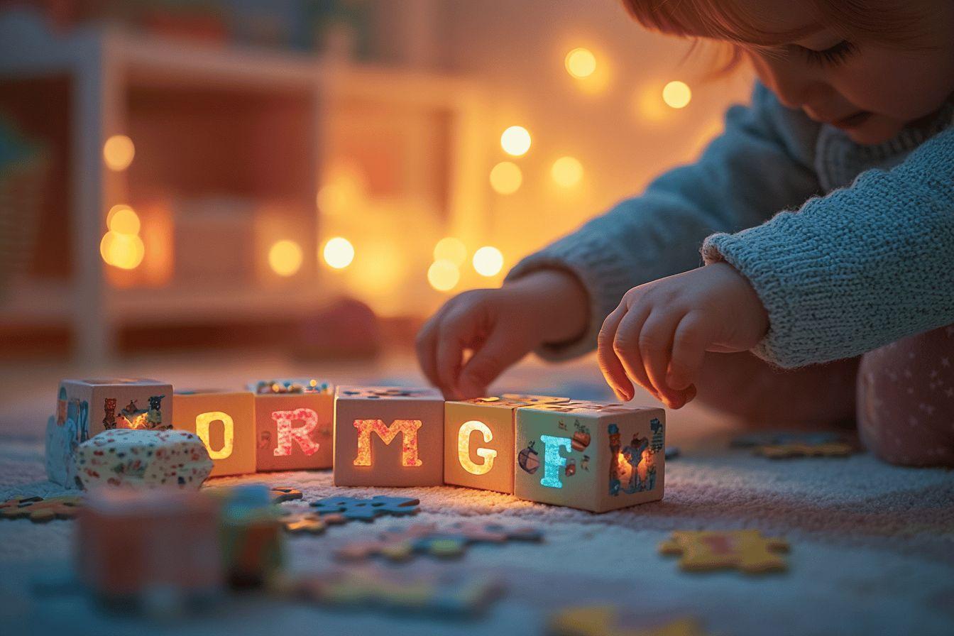 Blocs lettres colorés sur tapis avec lumières douces