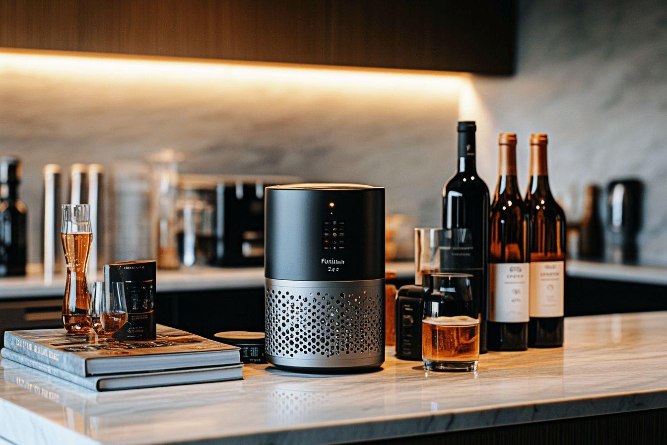 Bouteilles de vin, verres et purificateur d'air sur un comptoir moderne