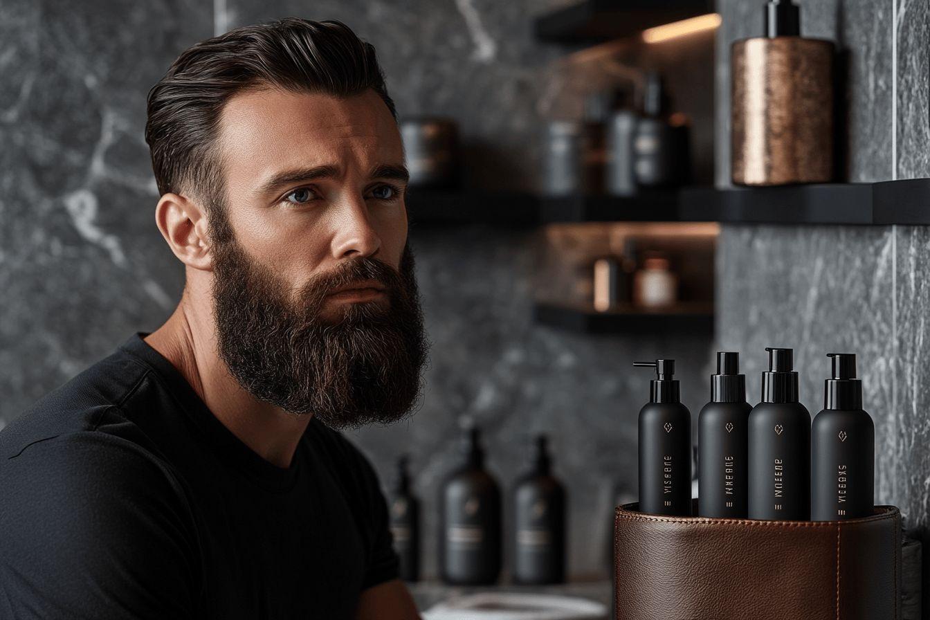 Homme barbu posant près de flacons de cosmétiques noirs
