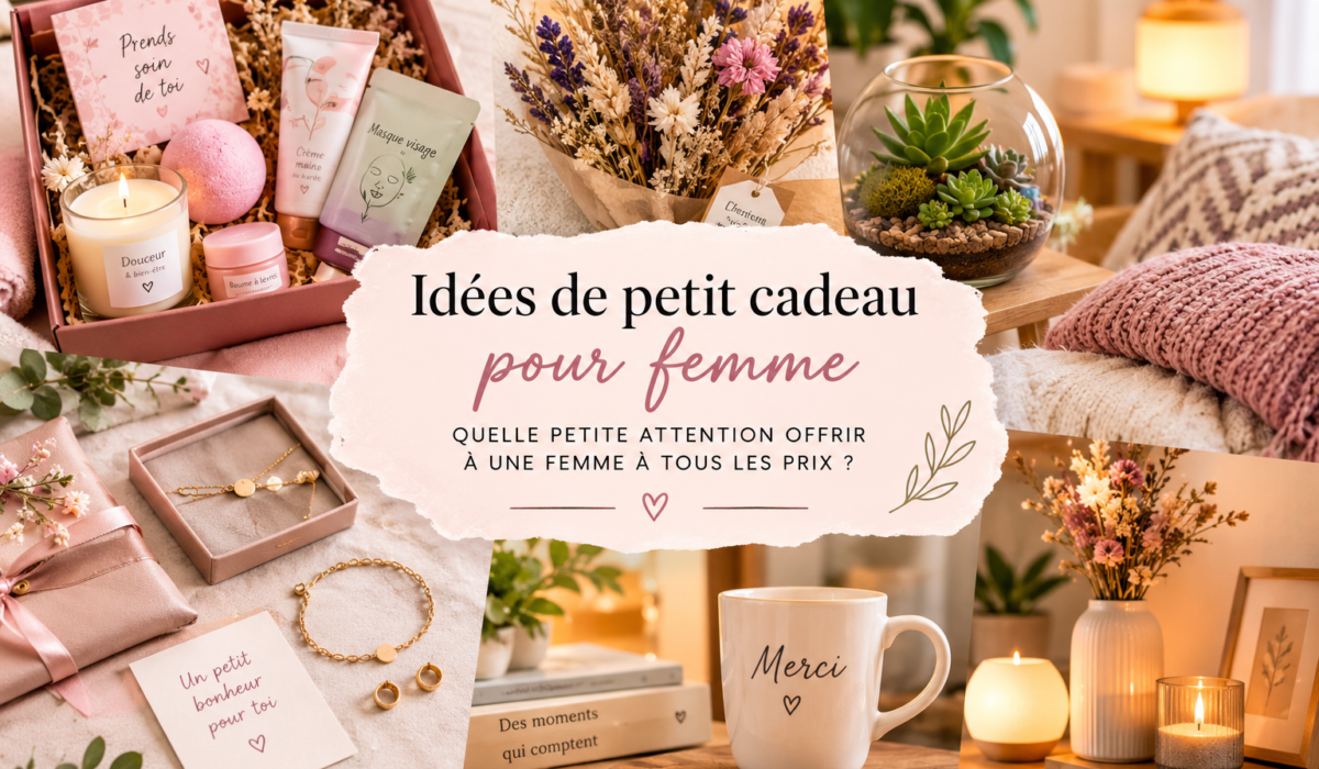 Idées de petits cadeaux pour femme avec coffret bien-être, bijoux, fleurs séchées et objets déco