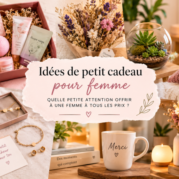 Idées de petits cadeaux pour femme avec coffret bien-être, bijoux, fleurs séchées et objets déco