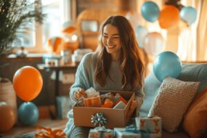 Femme souriante ouvrant une boîte cadeau parmi des ballons
